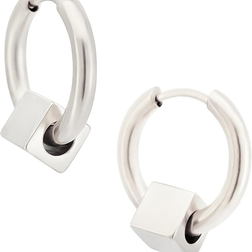 316L Stainless Steel Silver Tone Cube Huggie Hoop Earrings, Hinged Design, 20GA,
